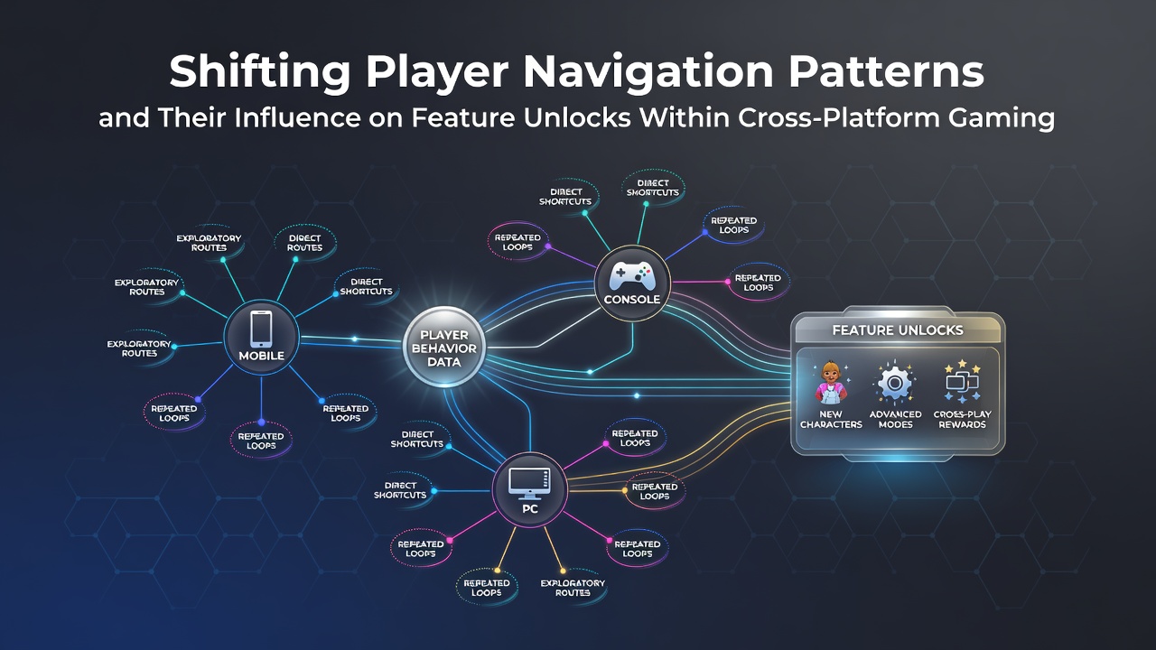Visualisierung von plattformübergreifenden Navigationspfaden und Feature-Unlocks in Gaming-Sessions