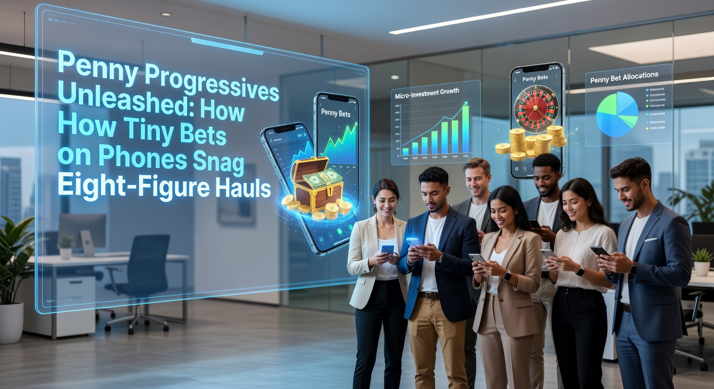 Smartphone-Display zeigt einen progressiven Jackpot mit winzigen Einsätzen und explodierendem Gewinnpotenzial